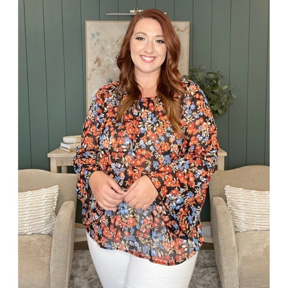Boutique Floral Blouse 2X Sheer Bell Sleeve Boho Flowing Top